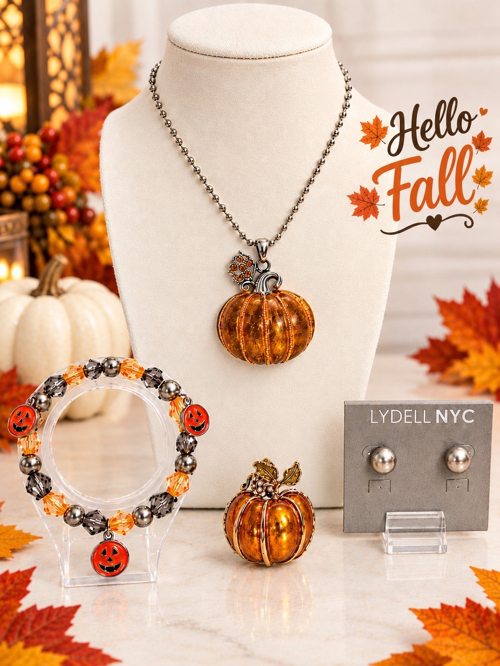 Fall Pumpkin Jewelry Set in Orange & Silver Tone (4 Piece)